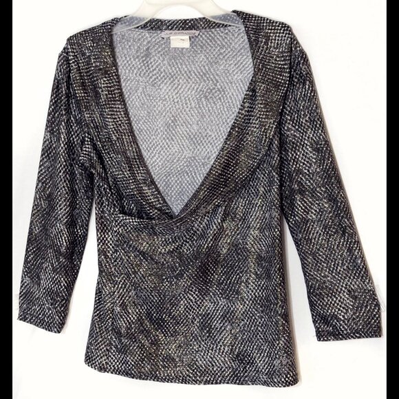 Shimmery JUS D'ORANGE Paris Sz S Gray Mottled Crosscut Deep Cowl Stretch Blouse - Picture 2 of 6